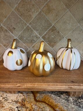 Adorable Gold & White Ceramic Pumpkin Trio